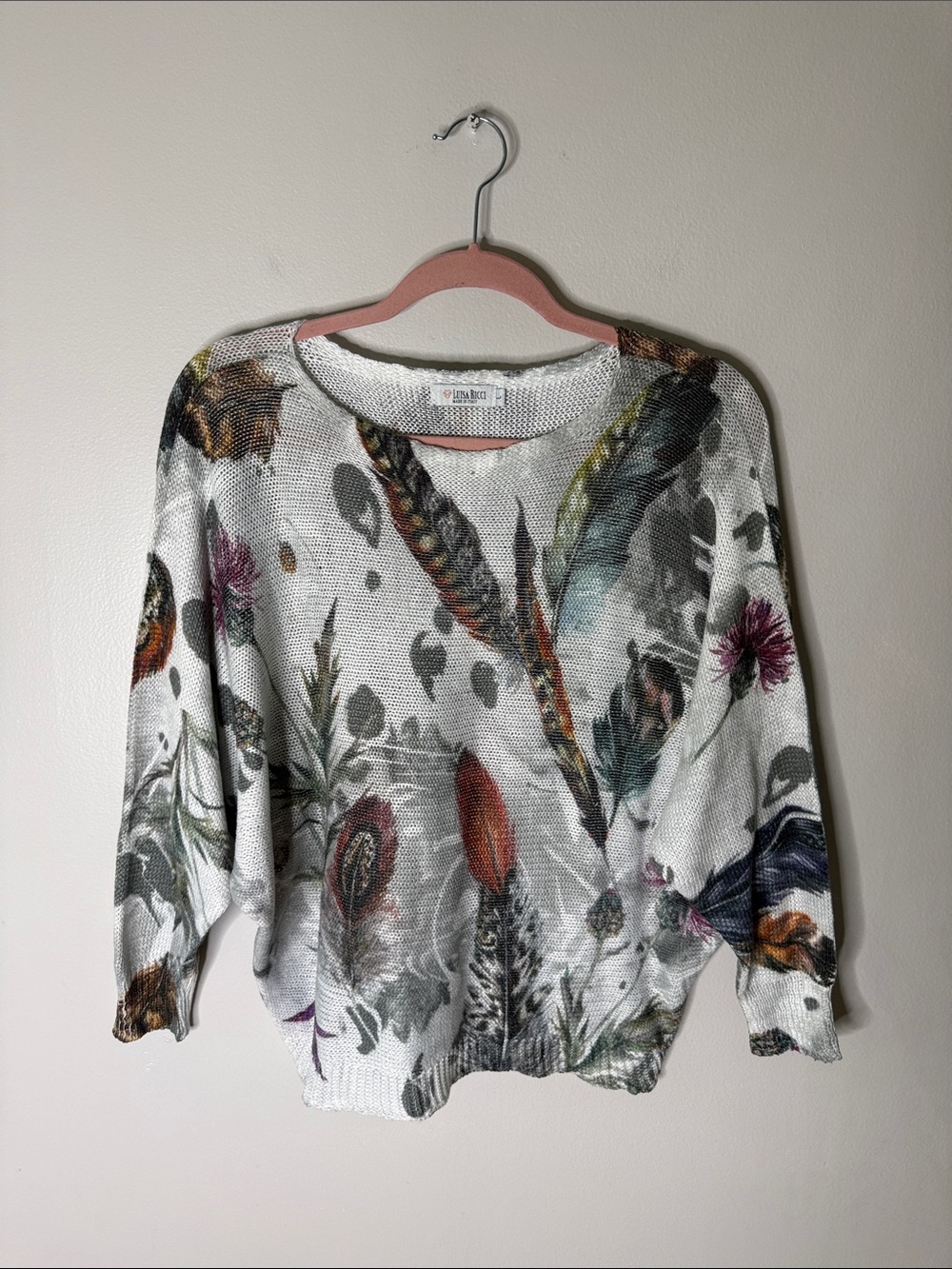 Luisa Ricci White Floral Feather Print Women's Sweater Size Large